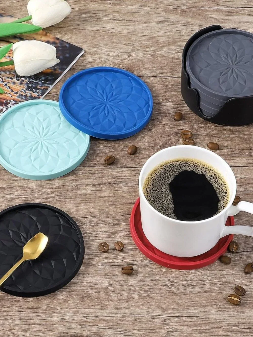 Silicone Coasters with Holder,[6 Pack] Drinking Coasters - Cup Mat for Hot or Co
